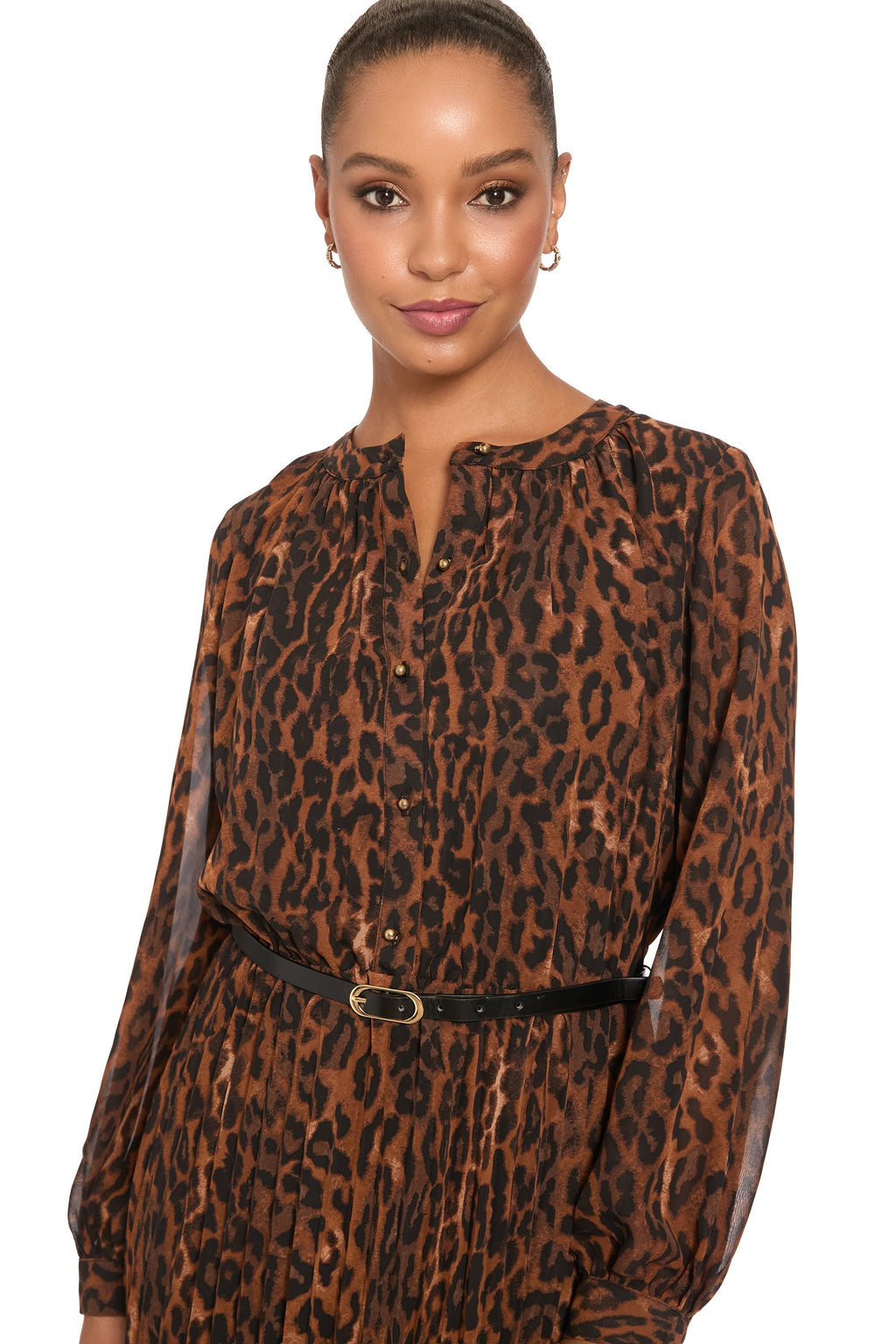 Tamsen Chiffon Pleated Shirtdress in Leopard