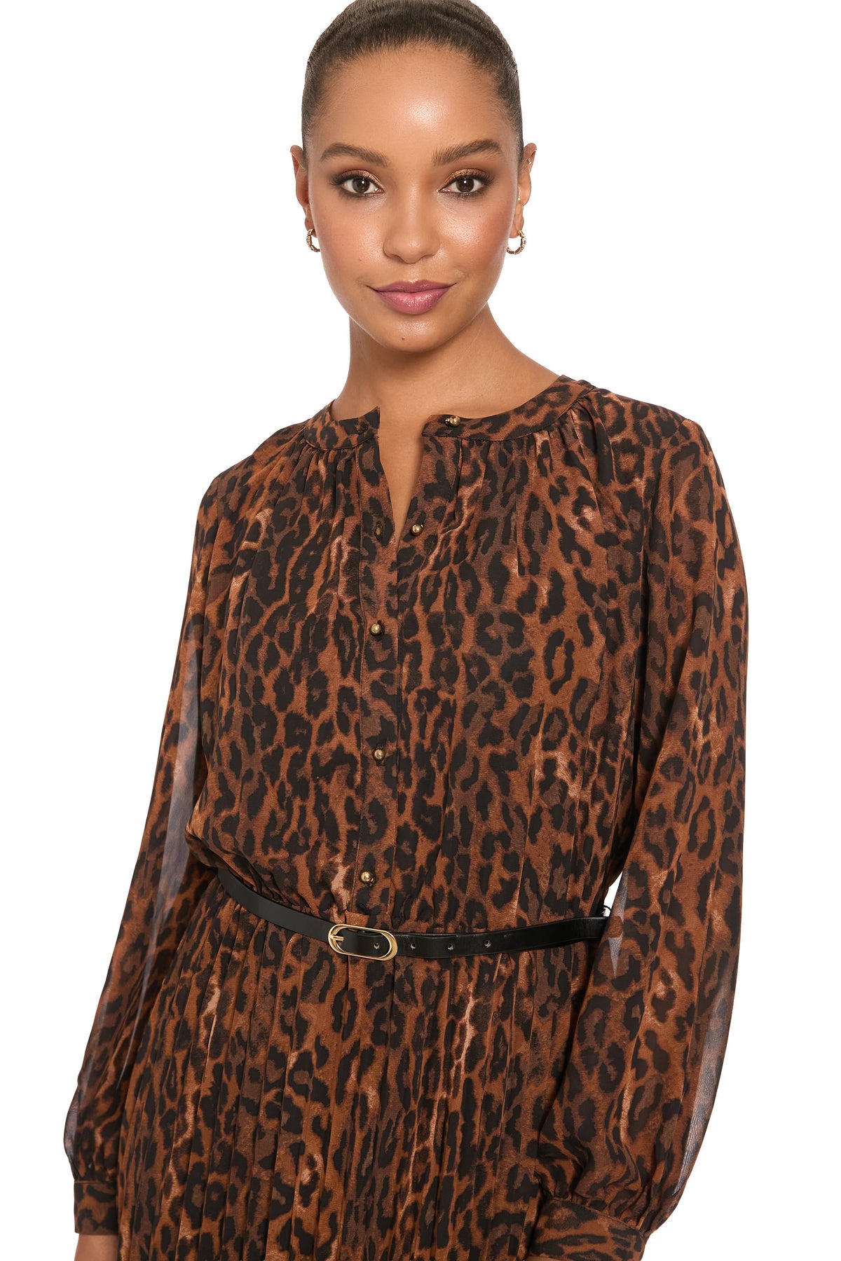 Tamsen Chiffon Pleated Shirtdress in Leopard