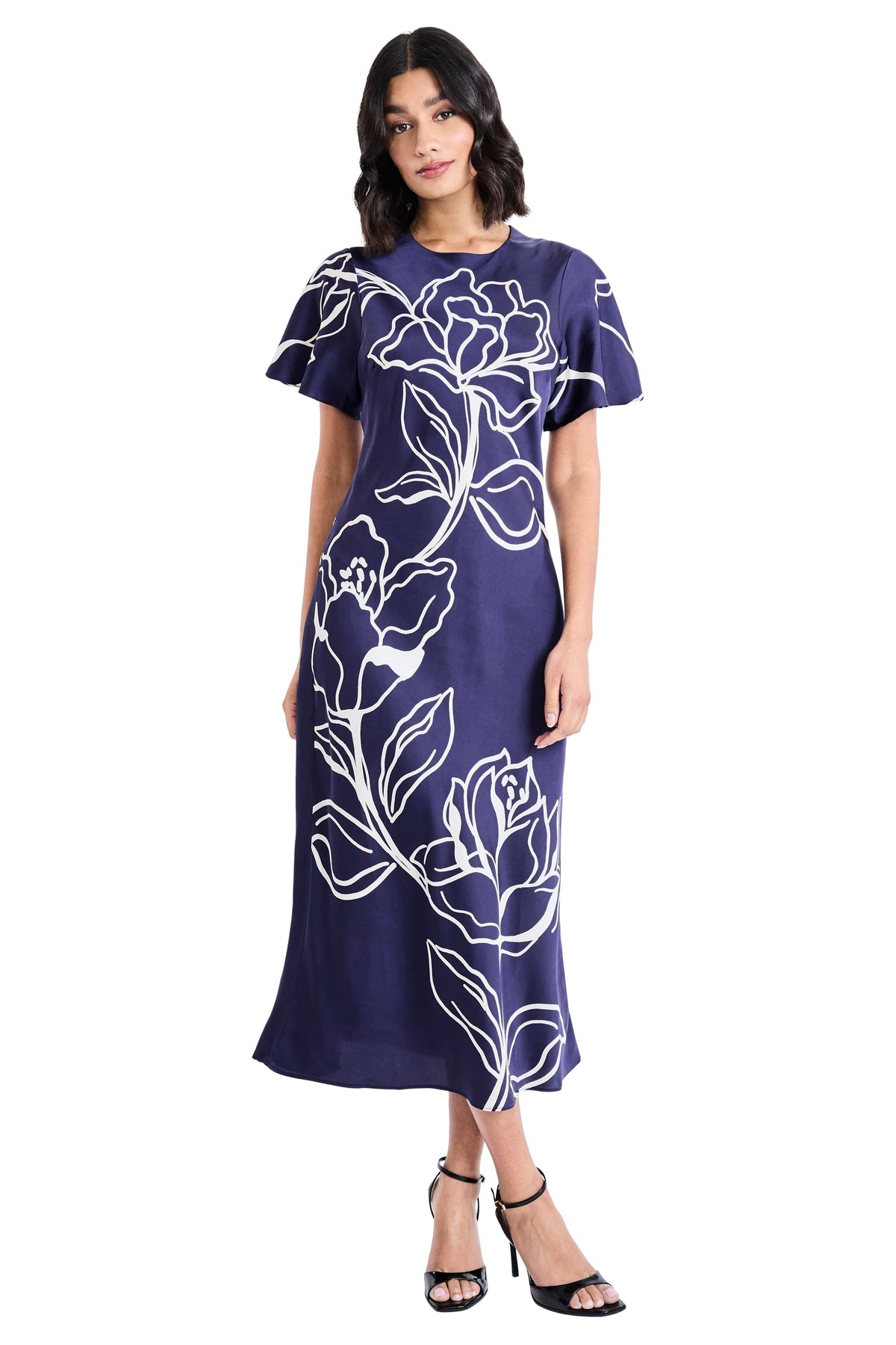 Meghann Graphic Floral Fluted Sleeve Midi Dress