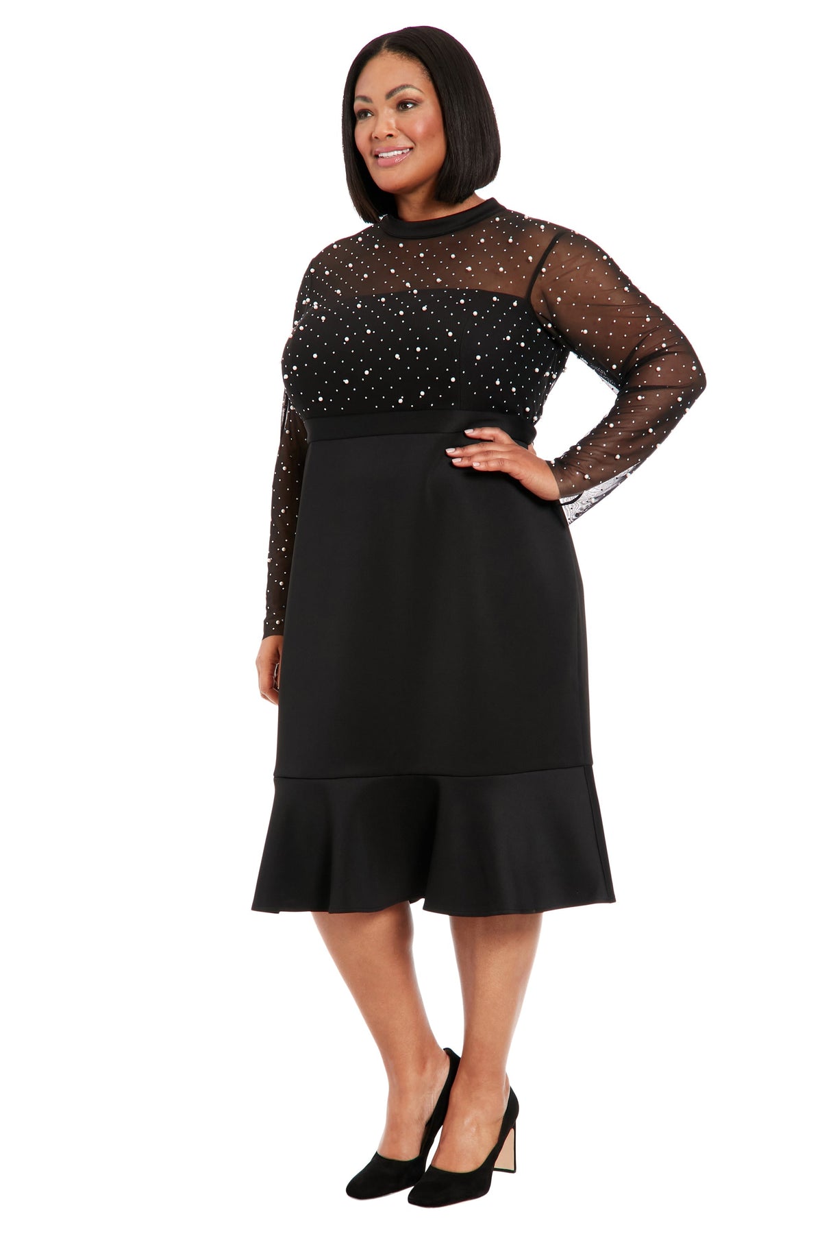 Laurenda Beaded Pearl Illusion Mesh Midi