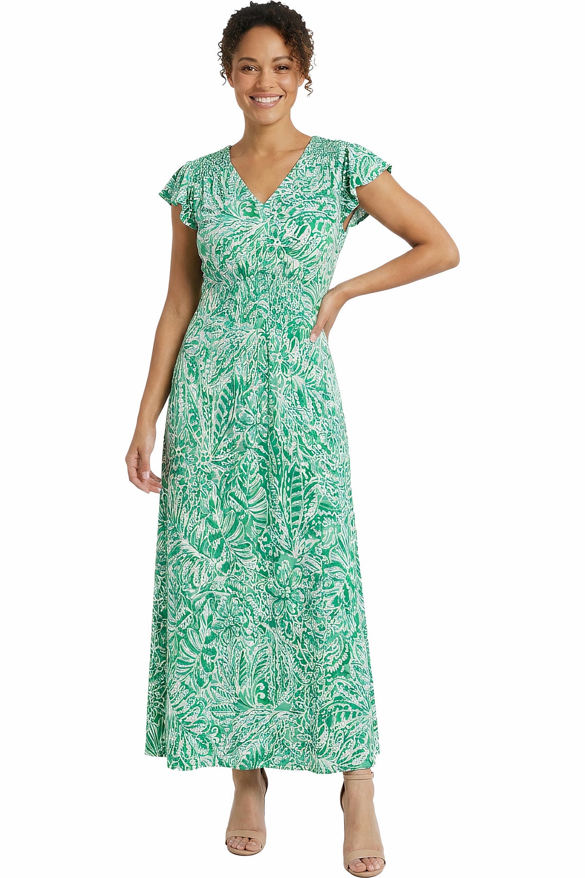 Tay in Linear Floral Maxi Flutter Sleeve Dress