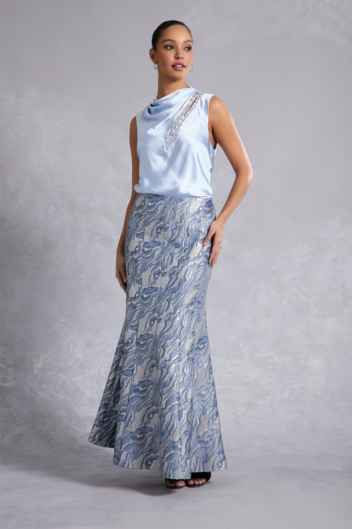 Nica Embellished Draped Mock Neck Satin Top