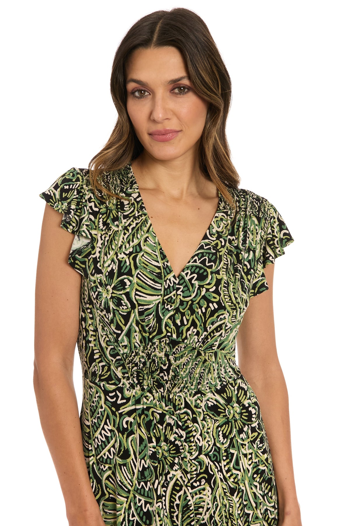 Tay in Linear Floral Maxi Flutter Sleeve Dress