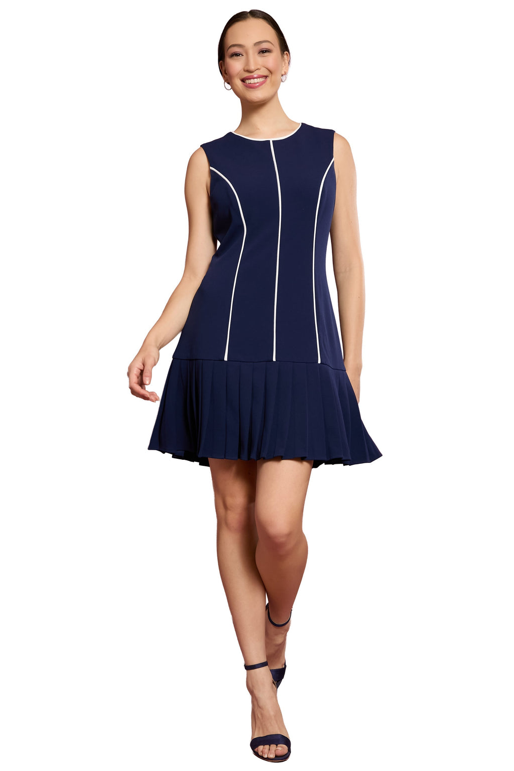 Nani Contrast Piped Pleated Dress in Navy - FINAL SALE