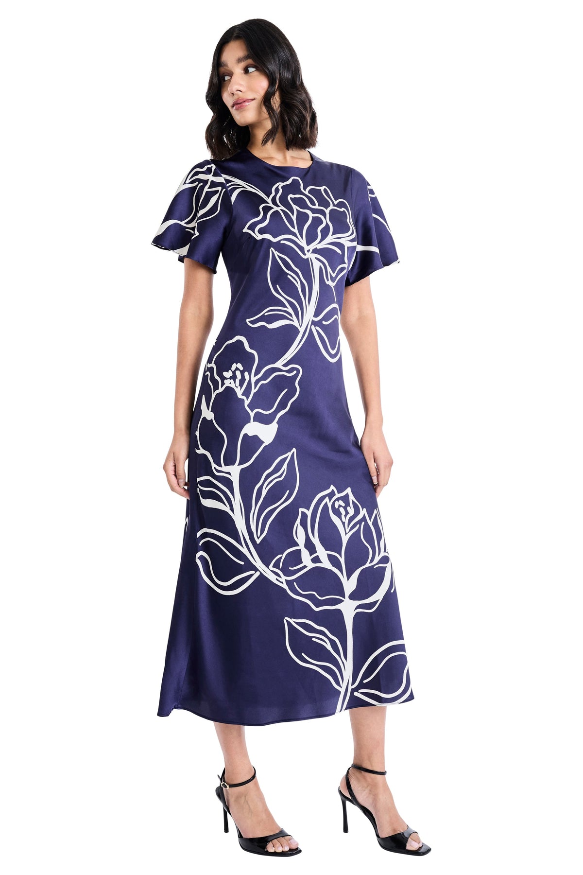 Meghann Graphic Floral Fluted Sleeve Midi Dress