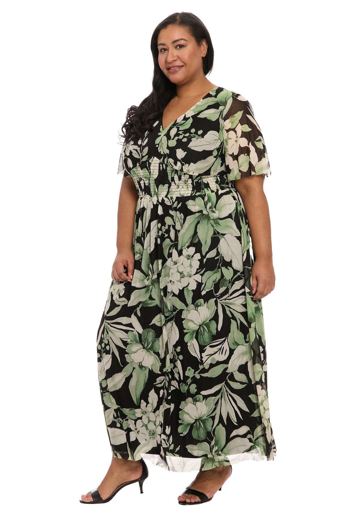 Leila Smocked Waist Mesh Maxi in Nature's Harmony