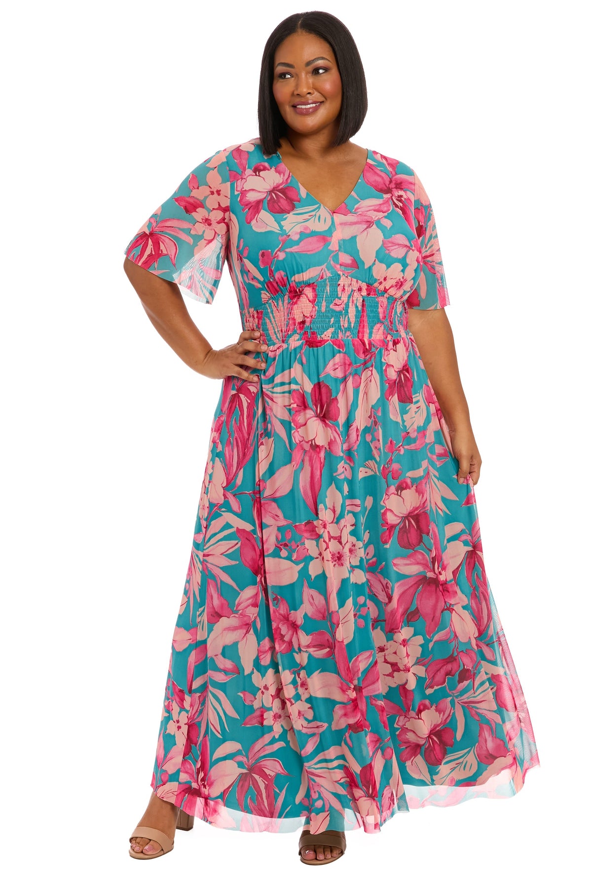 Leila Smocked Waist Mesh Maxi in Nature's Harmony