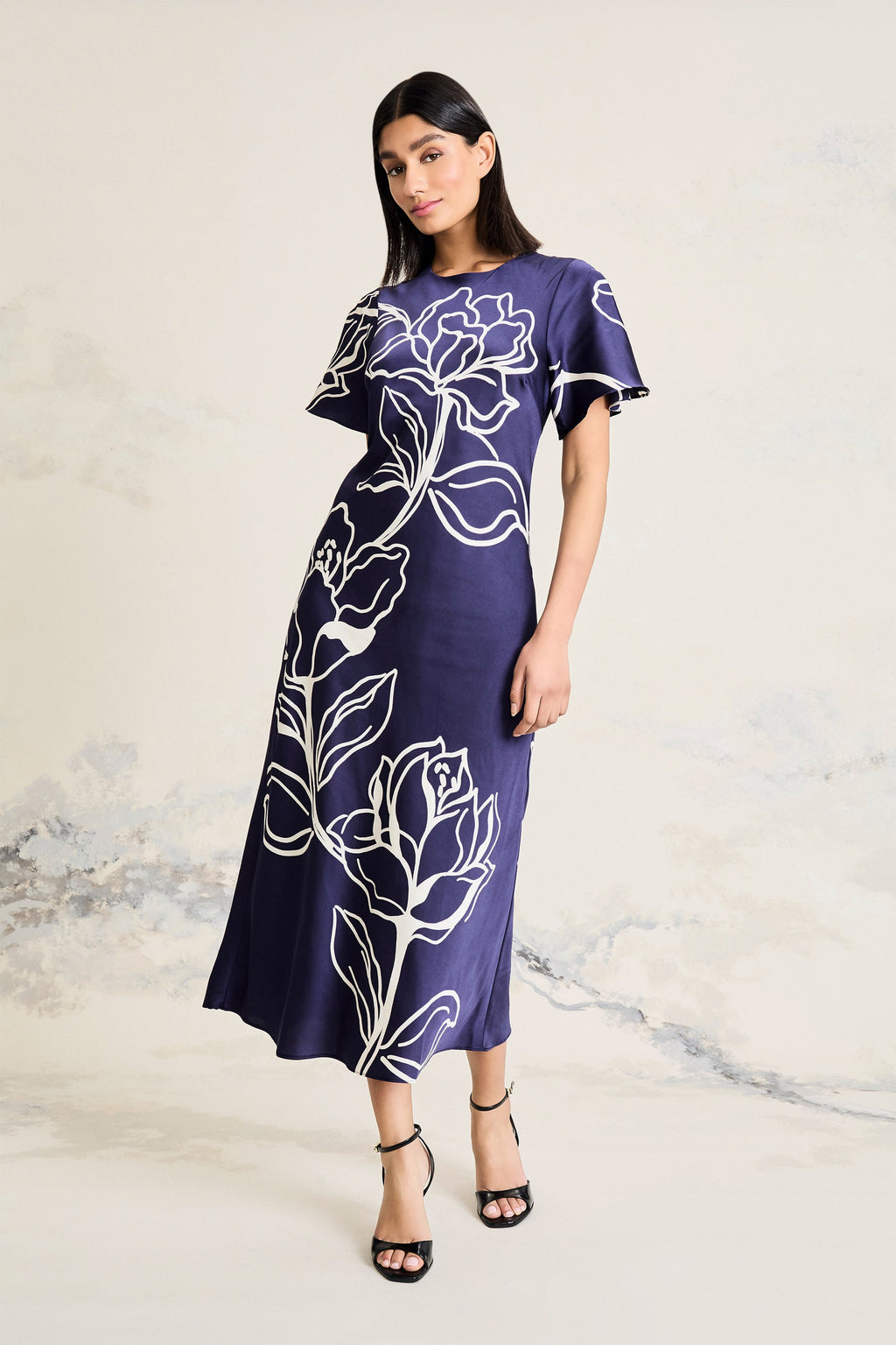 Meghann Graphic Floral Fluted Sleeve Midi Dress
