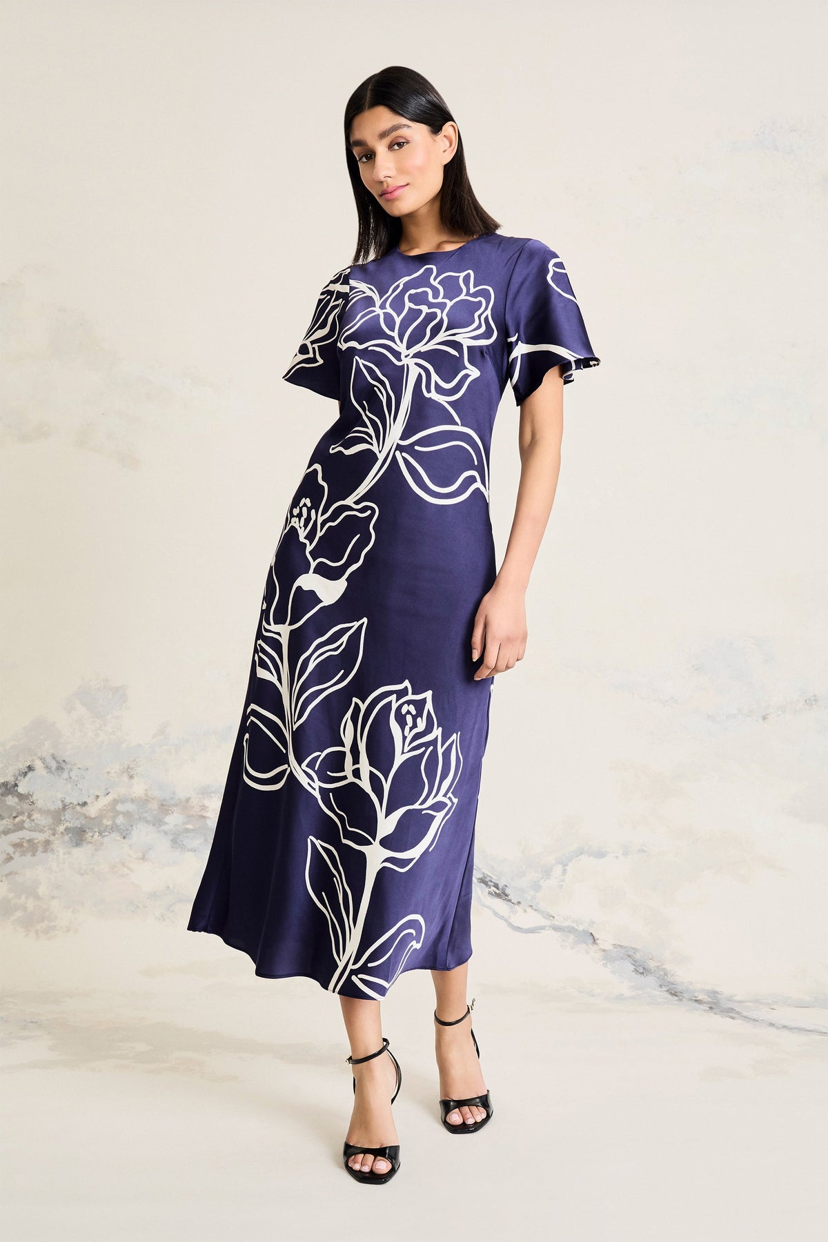 Meghann Graphic Floral Fluted Sleeve Midi Dress