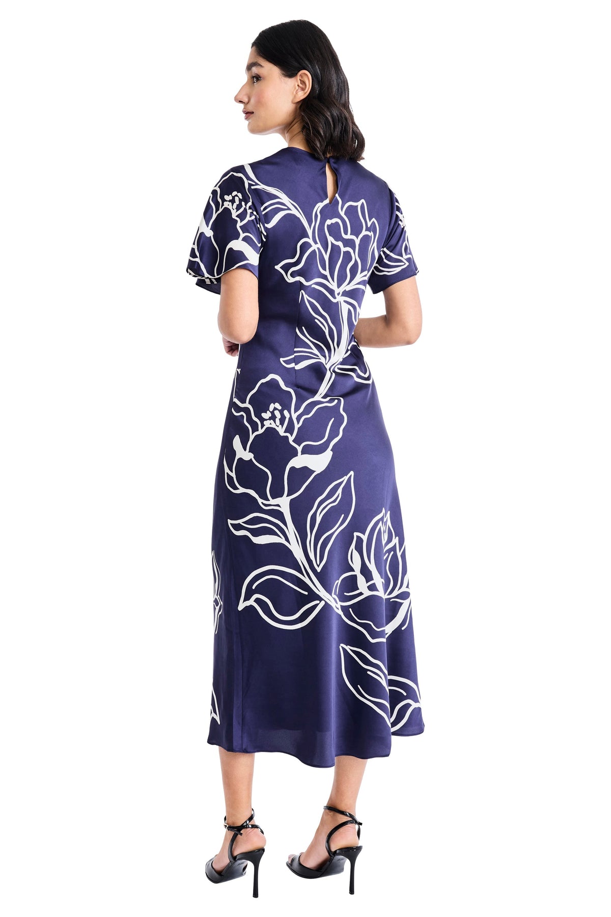 Meghann Graphic Floral Fluted Sleeve Midi Dress