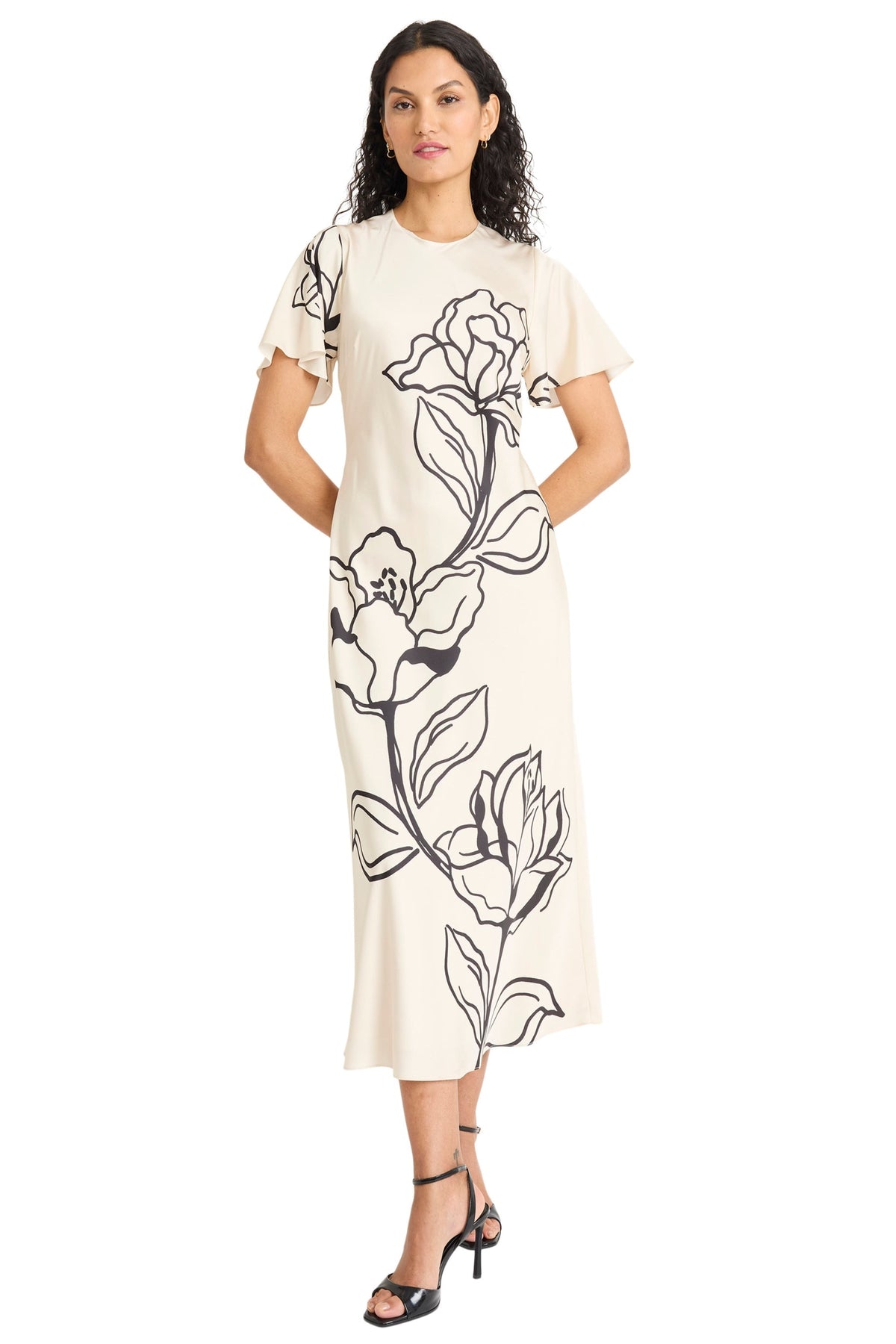 Meghann Graphic Floral Fluted Sleeve Midi Dress